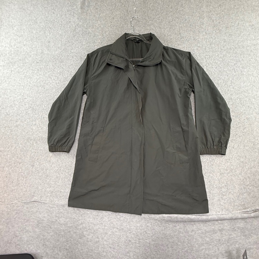Eileen Fisher Jacket Womens S Long Green Organic Cotton Nylon Hooded Windbreaker